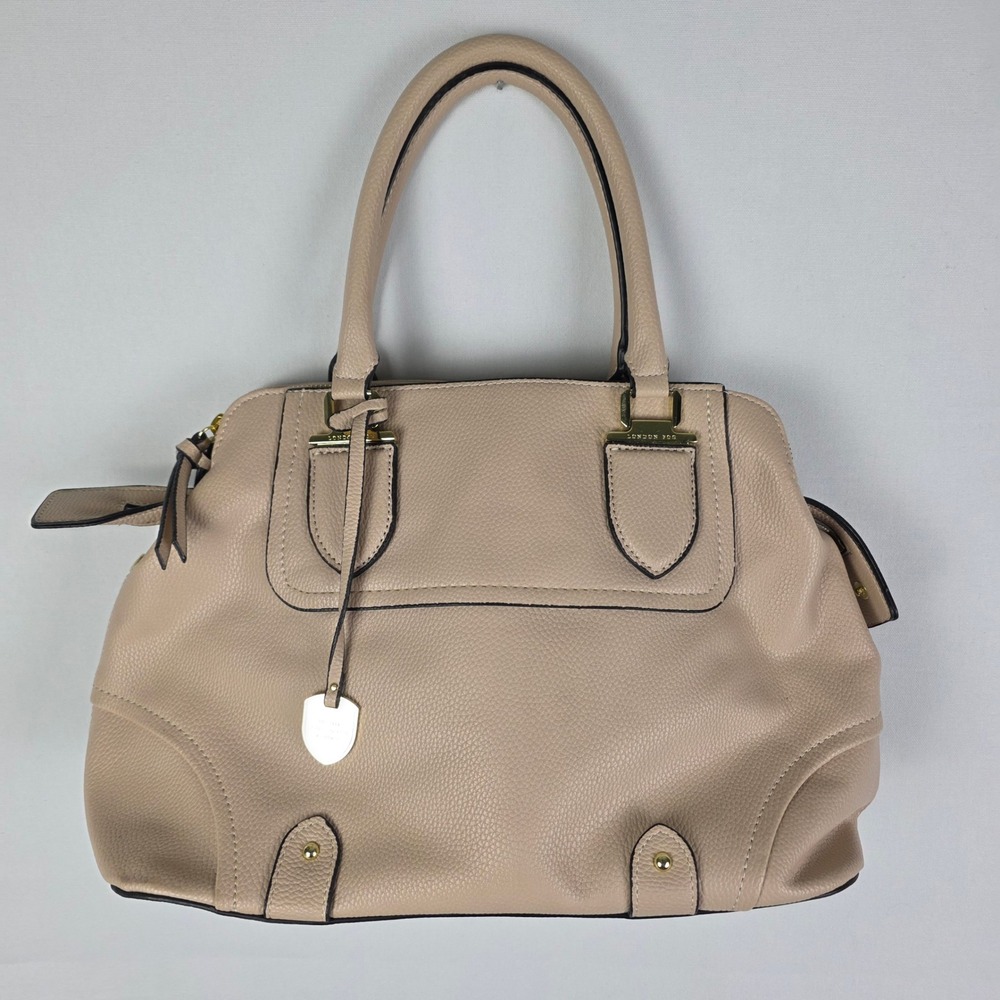 London Fog Beige Pebbled Faux Leather‎ Satchel Handbag Gold Hardware Nude Tote